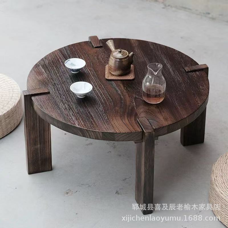 老榆木茶桌实木沙滩桌户外庭院露台圆桌休闲喝茶桌大排档中式餐厅