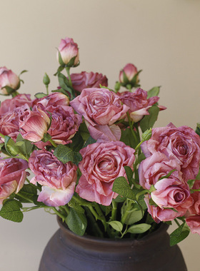 复古玫瑰花假花仿真花摆设客厅花艺摆件轻奢绢花高端装饰花卉