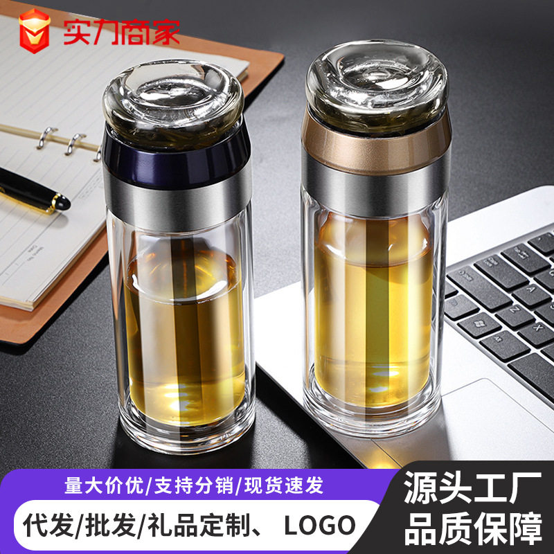 双层耐热泡茶玻璃水杯磨砂盖茶水