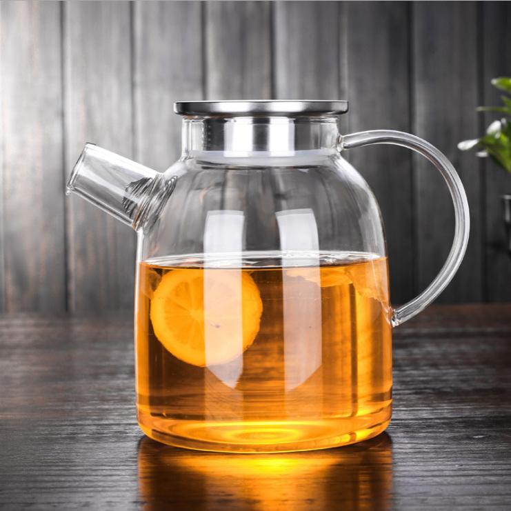 现货透明玻璃花茶壶凉水壶竹木盖