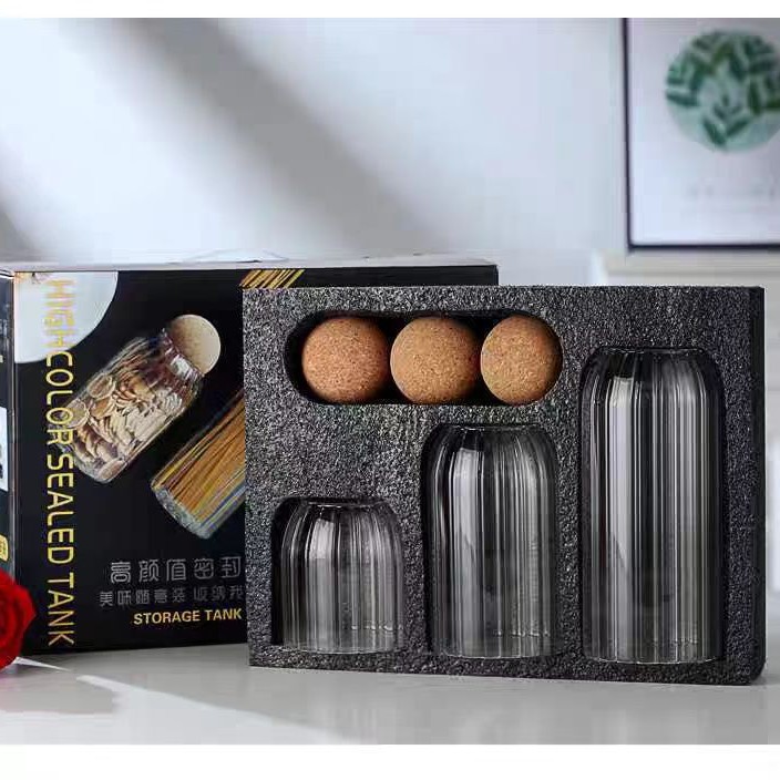 圆球软木塞竖纹玻璃密封罐套装