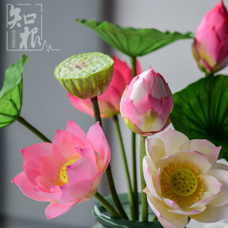 仿真荷花pu荷叶莲花落地 室内假花莲蓬 会所装饰花供佛摆设花卉