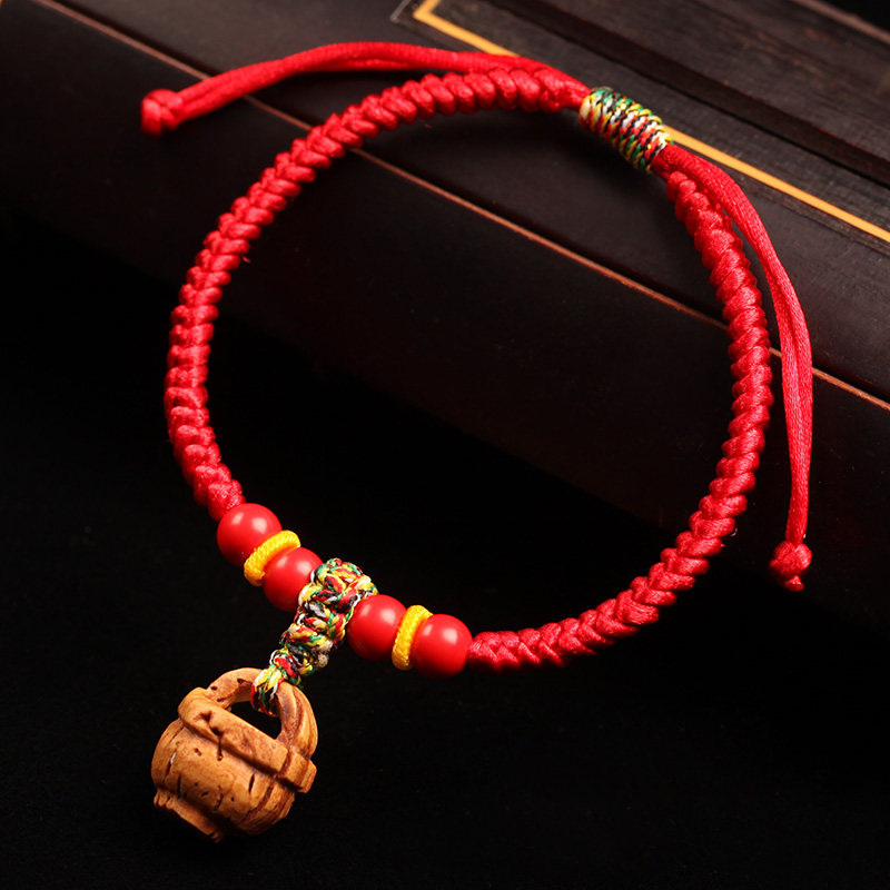 婴儿童宝宝朱砂手串桃木桃篮手工编织红绳手链桃核本命年手绳男女