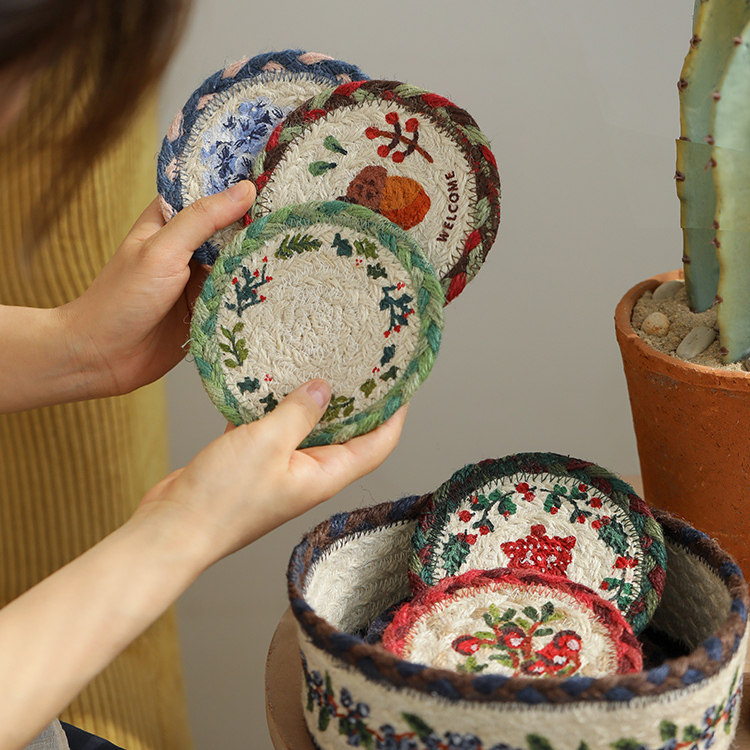 黄麻手工编织杯垫复古红色餐桌隔热垫家用耐热防烫碗盘垫新居装饰