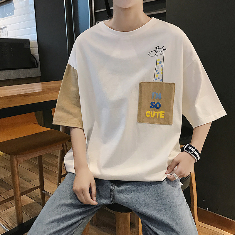 大货到2025春夏季男士时尚百搭圆领拼色印花短袖宽松T恤男T69 P35图片