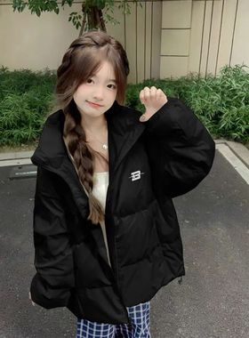 2025新款黑色立领羽绒棉服女大童冬季初中高中学生宽松面包服外套