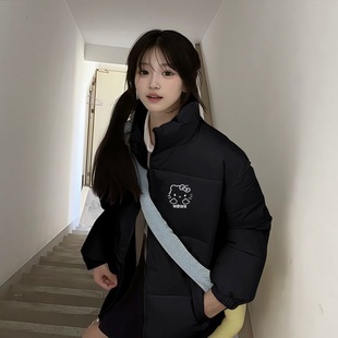 冬季新款黑色立领羽绒棉服女大童初中高中学生宽松面包服外套棉袄