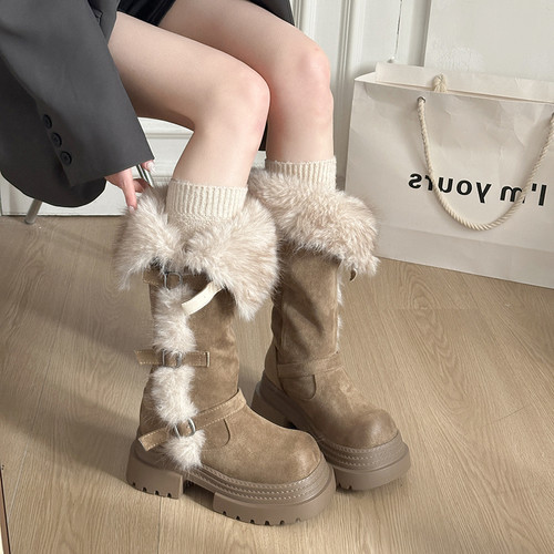 2025 冬新款东北高筒雪地靴女 厚底加绒保暖毛边皮带扣松糕底棉靴