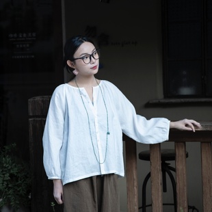雨文她城原创女夏季 法国进口白色原生态苎麻开衫 简约百搭上衣衬衫