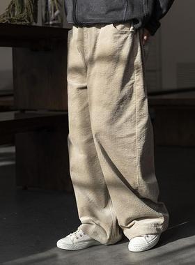 雨文她城原创米色灯芯绒条绒直筒裤文艺简约宽松显瘦休闲裤