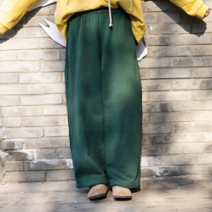 雨文她城秋冬原创100%棉茧形轮廓自带绒卫裤 复古绿宽松休闲毛边裤