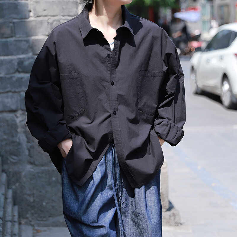 雨文她城原创防晒调性女黑色酵素棉衬衫休闲宽松显瘦百搭薄款衬衣