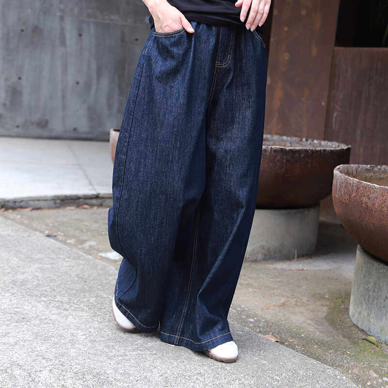 雨文她城原创女士纯棉不掉色牛仔阔腿裤休闲松弛简约百搭拖地裤子 - 雨文她城原创女装出品
