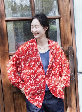 雨文她城｜春夏哑光感复古红色印花蚕丝羊毛长袖衬衫女衬衣外套