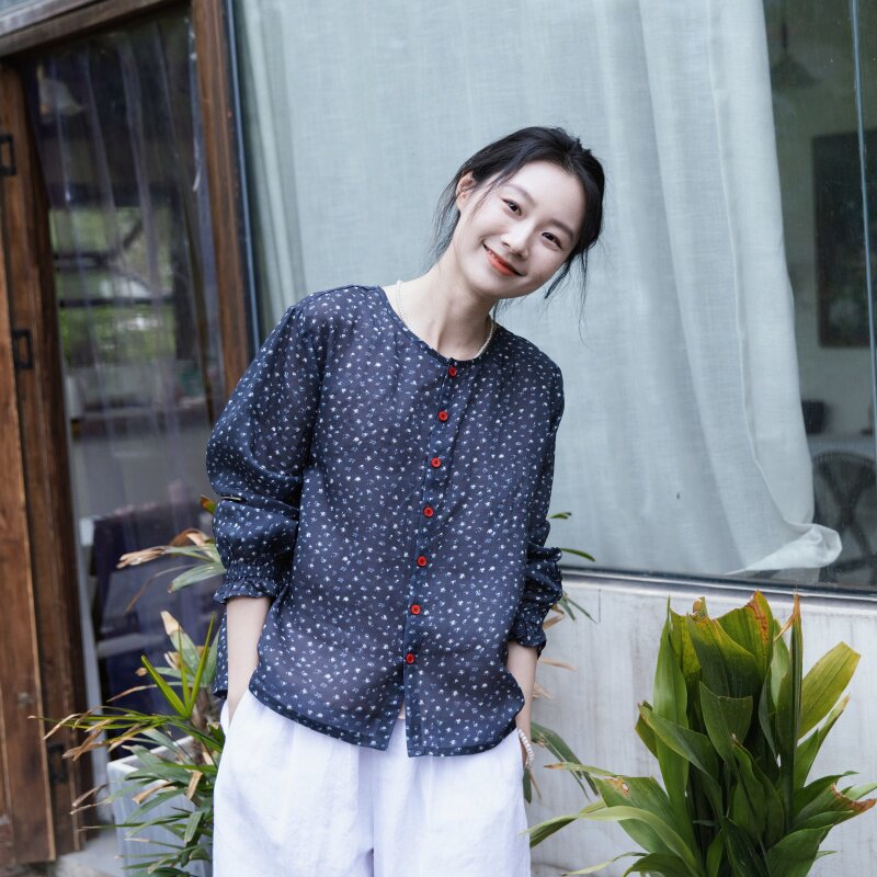 雨文她城｜春夏天丝苎麻圆领纽扣开衫女长袖文艺碎花百搭小衫