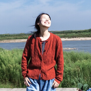 雨文她城「朱缕」山羊绒绞花针织圆领开衫秋冬保暖毛衣外套