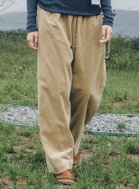 雨文她城原创女秋冬款加绒加厚灯芯条绒德绒棉裤简约宽松休闲裤