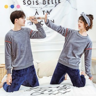 法兰绒情侣睡衣女秋冬天加厚保暖珊瑚绒男士运动家居服套装可外穿