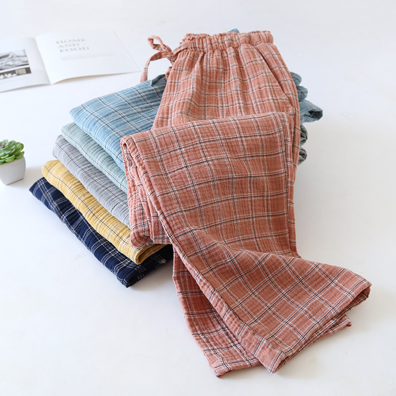 日系纯棉格子睡裤男士春秋季纱布长裤全棉绉布薄款宽松女士家居裤,女士内衣/男士内衣/家居服,睡裤/家居裤,淘宝优惠券,粉丝福利购,淘宝优惠卷