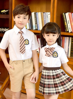 幼儿园园服夏季短袖男女童装白色衬衫中小学生学院风班服校服套装