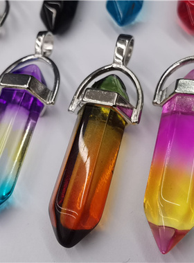 情侣人造彩色水晶玻璃六棱柱项链