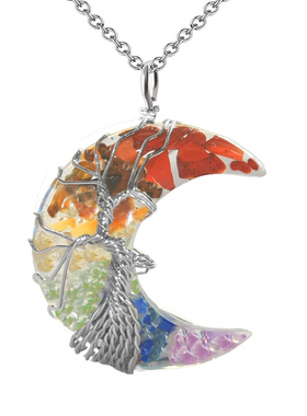 彩色水晶碎石树脂月亮生命树吊坠