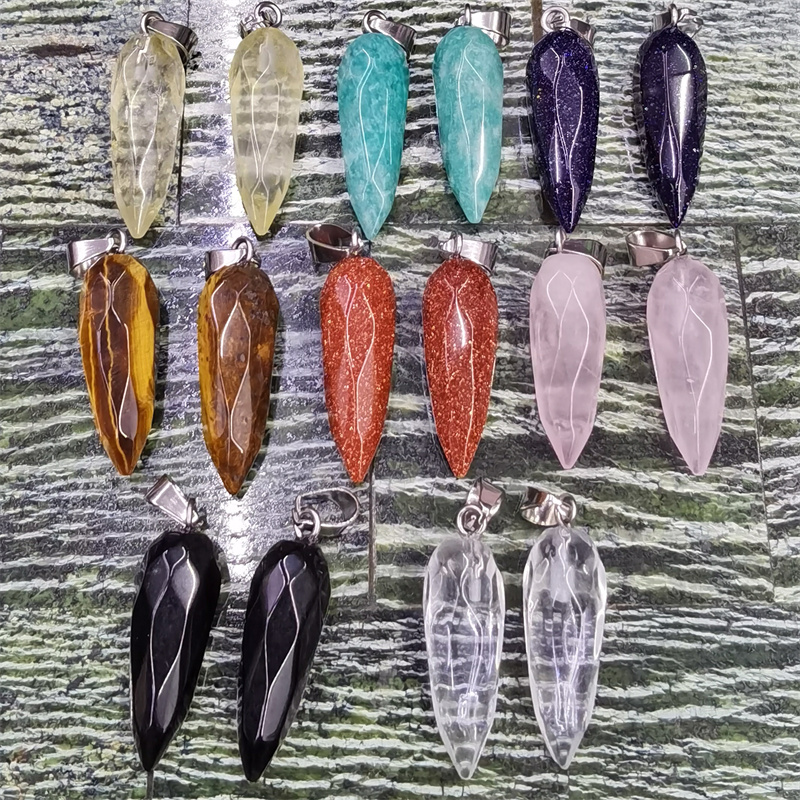 天然黄虎石黑耀天河尖锥项链吊坠