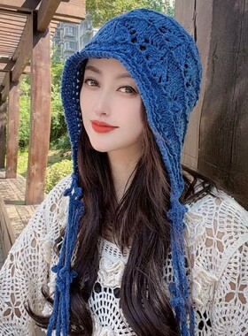 时髦精花朵镂空套头帽子女夏季民族风手工针织洋气时尚编织包头帽