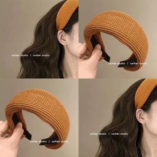 Chris 落叶棕针织毛线宽边发箍纯色头箍高级感复古洋气旅行发饰