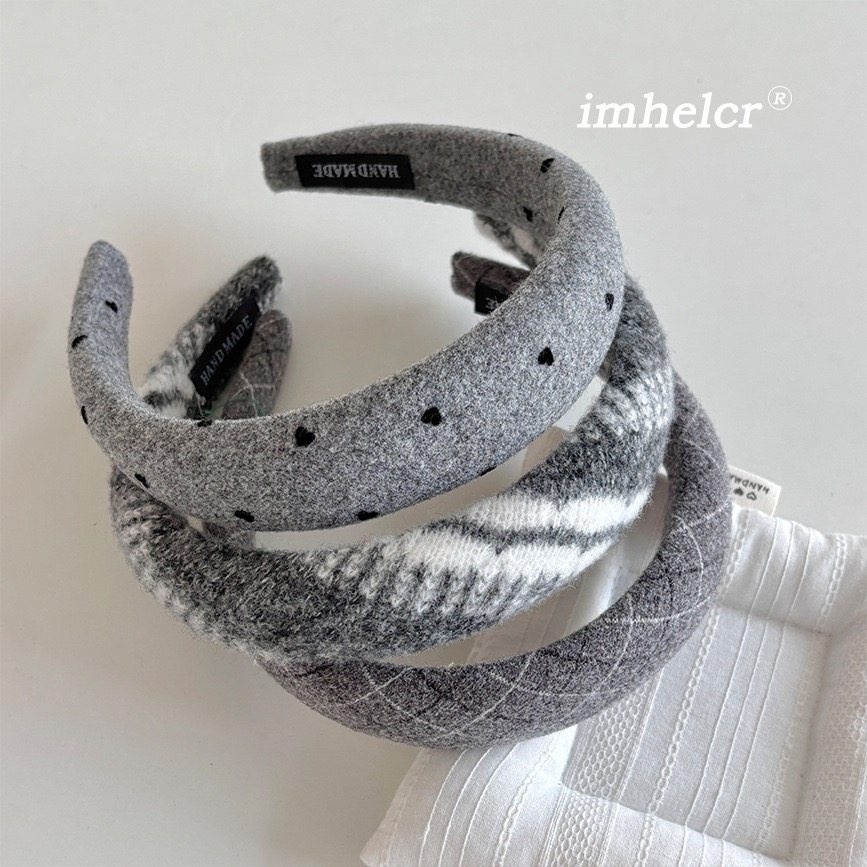 Chris 灰色波点菱格毛呢发箍韩系气质通勤高颅顶毛线头箍新款发饰