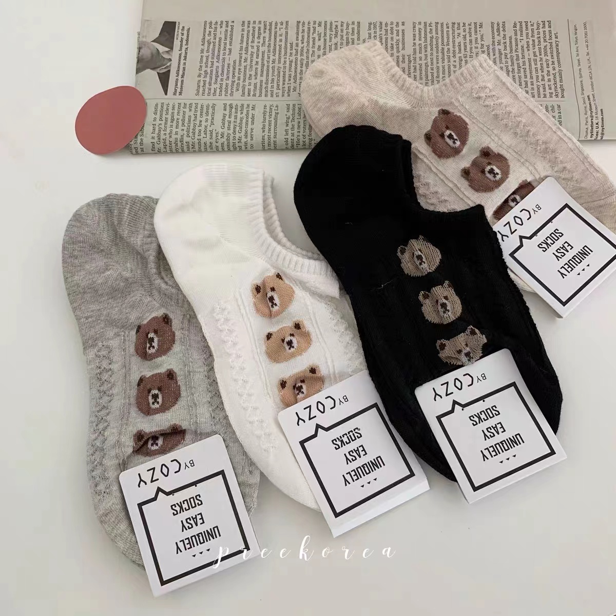 Chris 韩国袜子女士夏季新款短袜cozy日系卡通小熊防掉跟隐形船袜