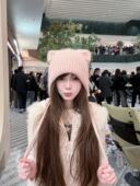 Chris 可爱猫耳朵软糯兔毛针织帽女秋冬季 双层加厚系带保暖护耳帽
