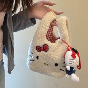 Chris 可爱卡通猫咪手提包羊羔毛手腕包通勤百搭刺绣秋冬小菜蓝