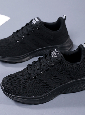 品牌回运动鞋女透气网面中年妈妈鞋春秋全黑鞋女士百搭软底休闲鞋