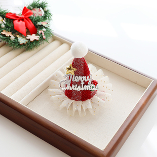 圣诞系列可爱网纱圣诞帽发夹儿童节日边夹刘海侧边夹发卡头饰