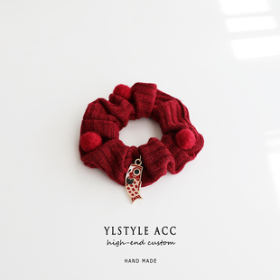 新年款 发饰红色原创手作大肠圈鲤鱼发绳毛毡扎马尾皮筋皮套头饰女