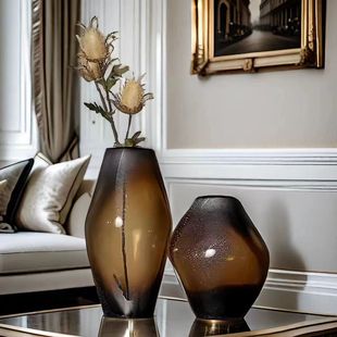 轻奢落霞水晶玻璃花瓶家居摆件简约异形样板间客厅桌面插花花器