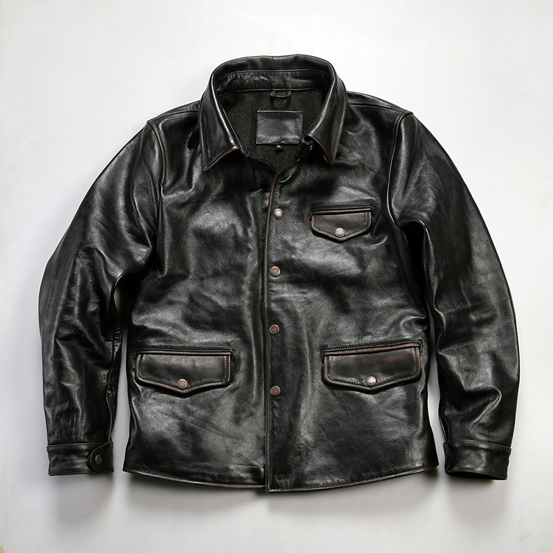 司闸员皮衣男士真皮夹克头层牛皮修身翻领皮衣茶芯旧化雅痞皮衣男