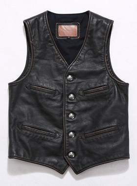 真皮马甲男美国进口茶心水牛皮复刻rrl牛皮夹克皮衣复古机车背心