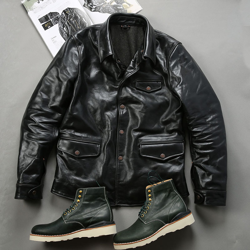 司闸员马皮皮衣男阿美咔叽茶芯水洗皮夹克加肥加大欧美皮衣男款