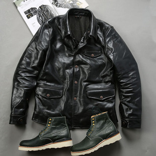 司闸员马皮皮衣男阿美咔叽茶芯水洗皮夹克加肥加大欧美皮衣男款