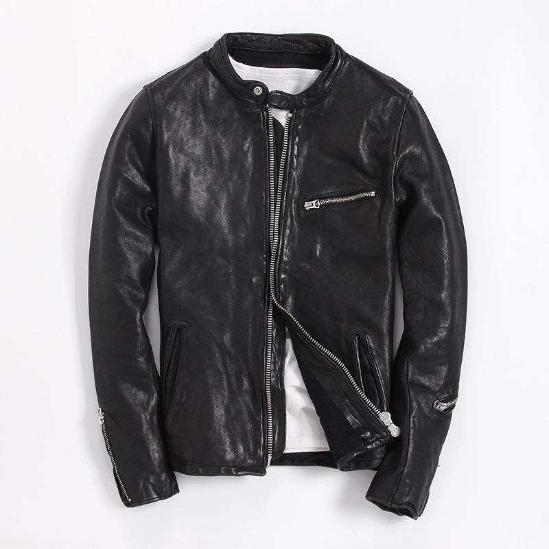 修身机车皮衣皮夹克真皮男装
