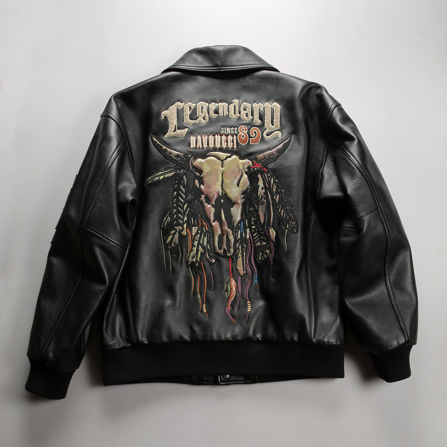 加肥加大码扩版黄牛皮皮衣真皮棒球服男士印第安牛头骷髅刺绣夹棉