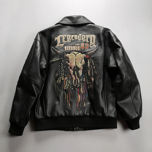 加肥加大码扩版黄牛皮皮衣真皮棒球服男士印第安牛头骷髅刺绣夹棉