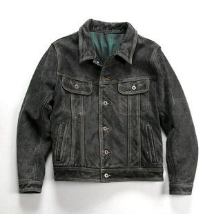 风暴骑士夹克阿美咔叽复古做旧真皮皮衣男牛仔加大码古着磨砂牛皮
