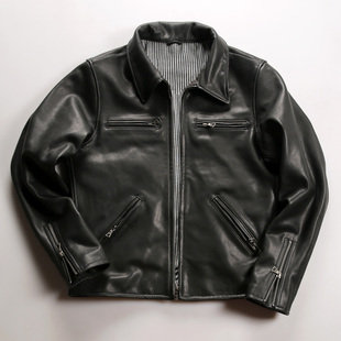 真皮夹克男休闲日系阿美咔叽真皮皮衣男翻领1930植鞣山羊皮 大码