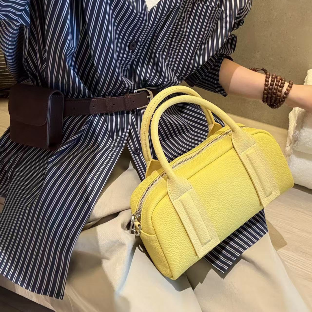 2026荔枝纹头层牛皮保龄球包女春夏真皮波士顿单肩手提斜挎枕头包