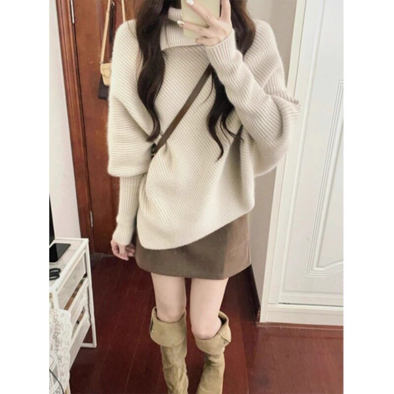 设计感慵懒风不规则高领套头毛衣女秋冬穿搭宽松外穿软糯针织衫