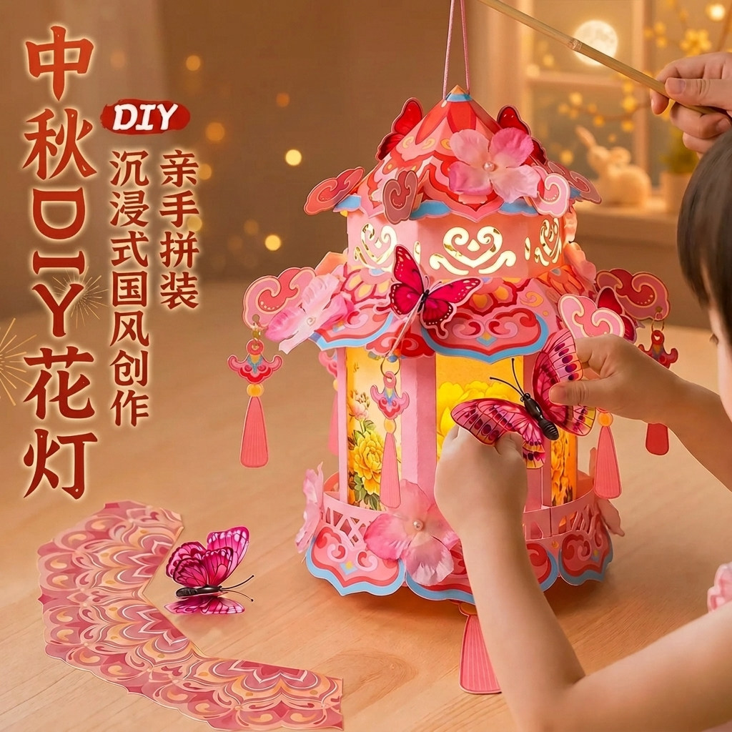 中秋节灯笼手工创意diy材料包2026新款儿童玩具古风发光手提花灯
