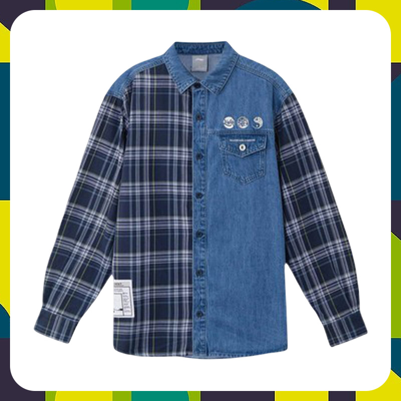 李宁正品外套男子秋季衬衫新款潮流拼接格子开衫牛仔外套ASHR087